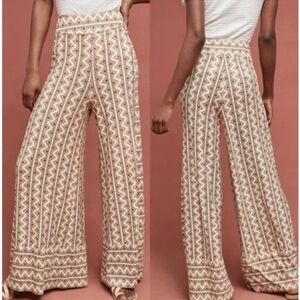 Cream and Brown Wide Leg Pants with Geometric Pattern